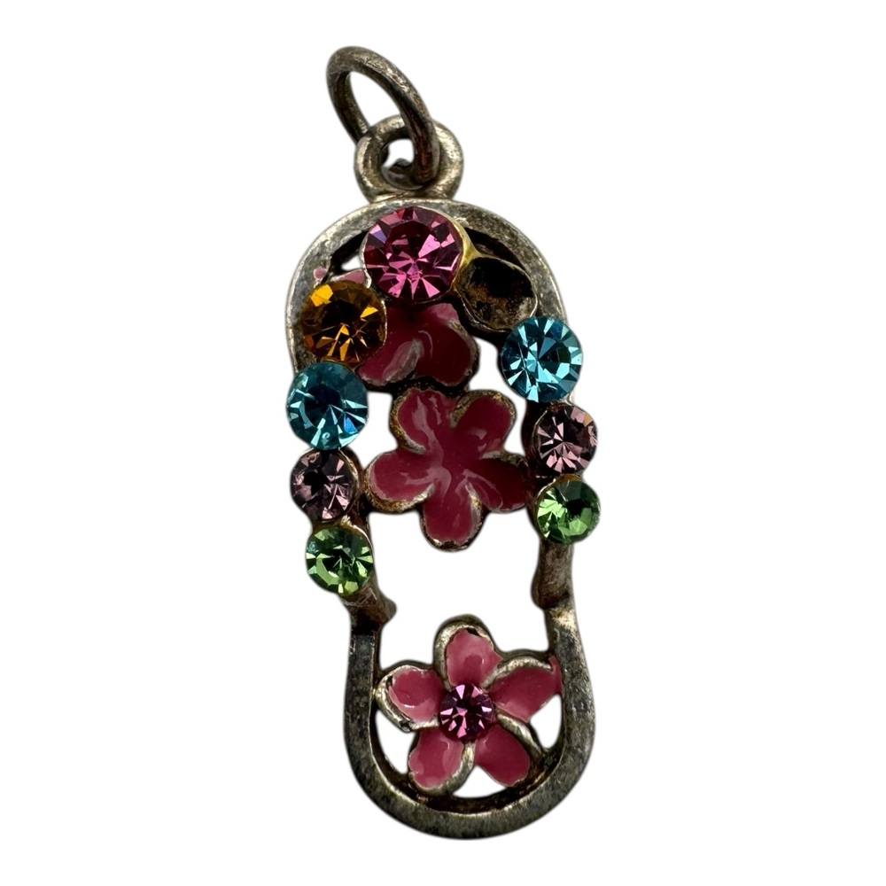 Vintage 1”‎ Flip Flop Sandal Pendant Charm Rhinestone Enamel Floral Design